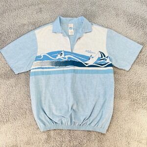 Vintage Island Feeling Hawaiian Shirt Mens Large Sailing Boat Blue Retro Polo